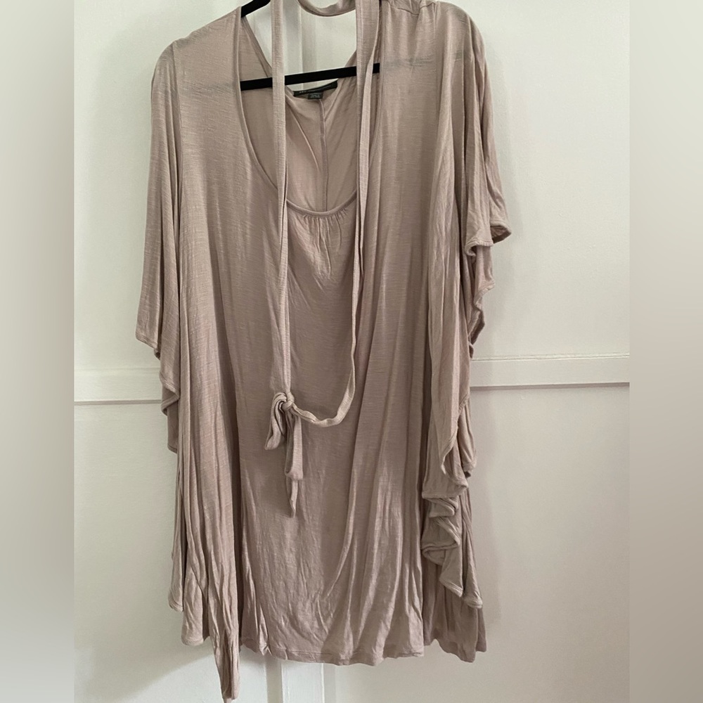 Tan blouse with fabric belt
